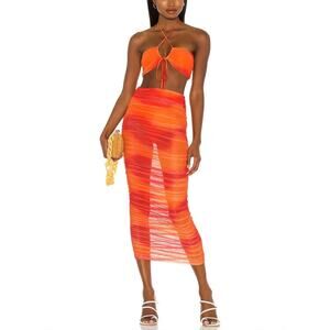 Camila Coelho Kelly Ruched Sheer Maxi Skirt in Orange Tie Dye Women's Size M